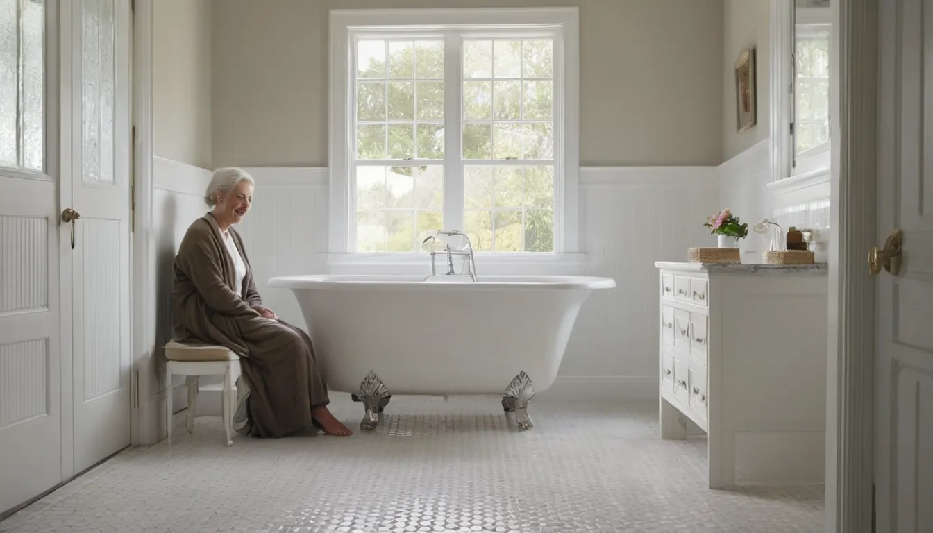 Smiling older homeowner sitting beside a walk-in tub in a bright bathroom in the Baltimore area